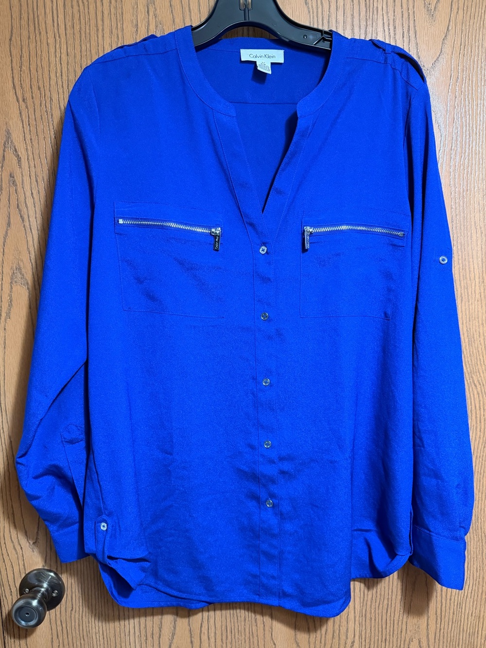 EUC Calvin Klein Royal Blue Zip-Pocket Button-Down Blouse